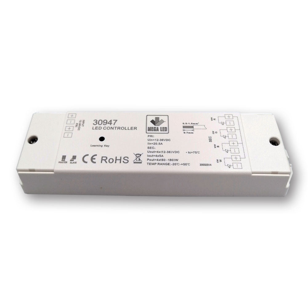 Mega LED - RF Dimmer - RGBW RF Receiver, Constant Voltage Receiver, 4 Channels, 5A Per Channel, 12-36V DC (30947)
