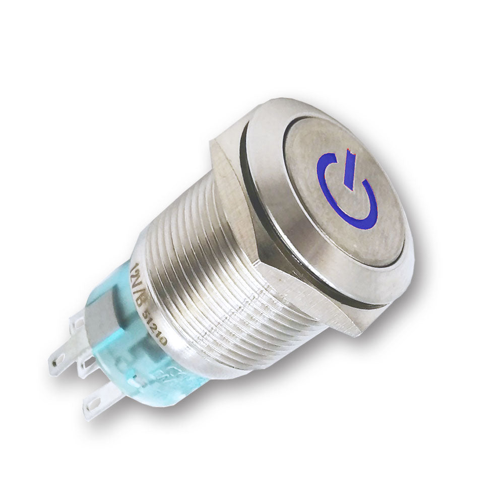 Mega LED - Push Button - Waterproof IP67, Stainless Steel, Illuminated Latching Switch, 24V, Blue LED (32359-12B)
