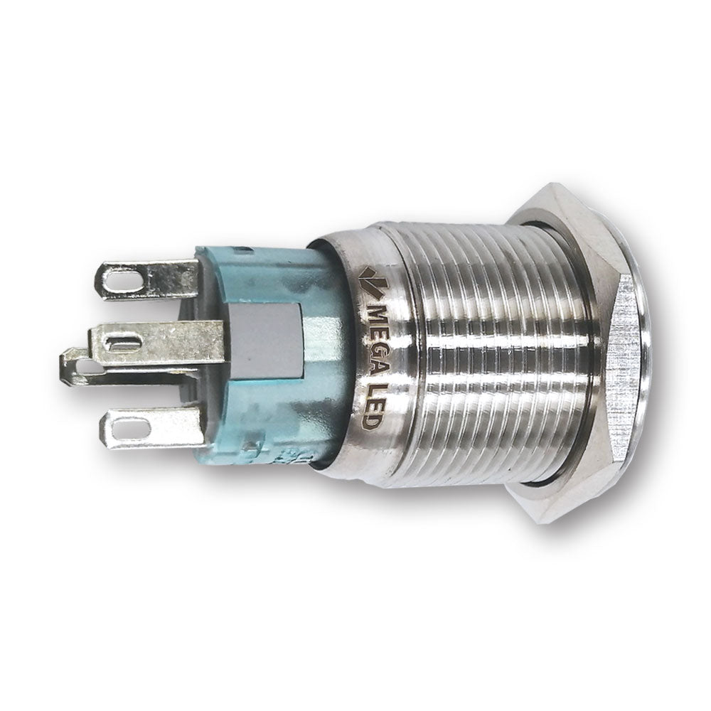 Mega LED - 19mm Green Push Button - IP67, Stainless Steel, 5Amp, 24V