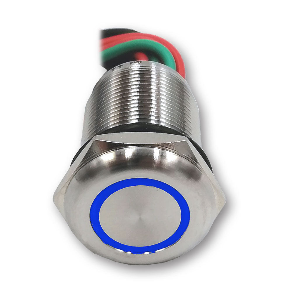 Mega LED - Push Button - Waterproof, 7 Amps, Stainless Steel, Touch Illuminated Dimmer Switch, 12V or 24V DC, Blue LED (32354-BL)