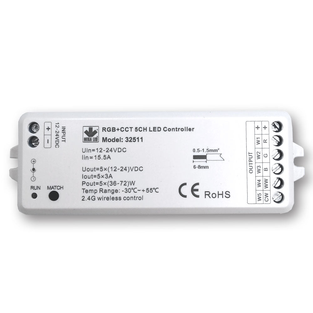 Mega LED - Wireless RF Dimmer Controller - Single Color & RGB+ 2 Whites RF Controller, 5 Channels (32511)