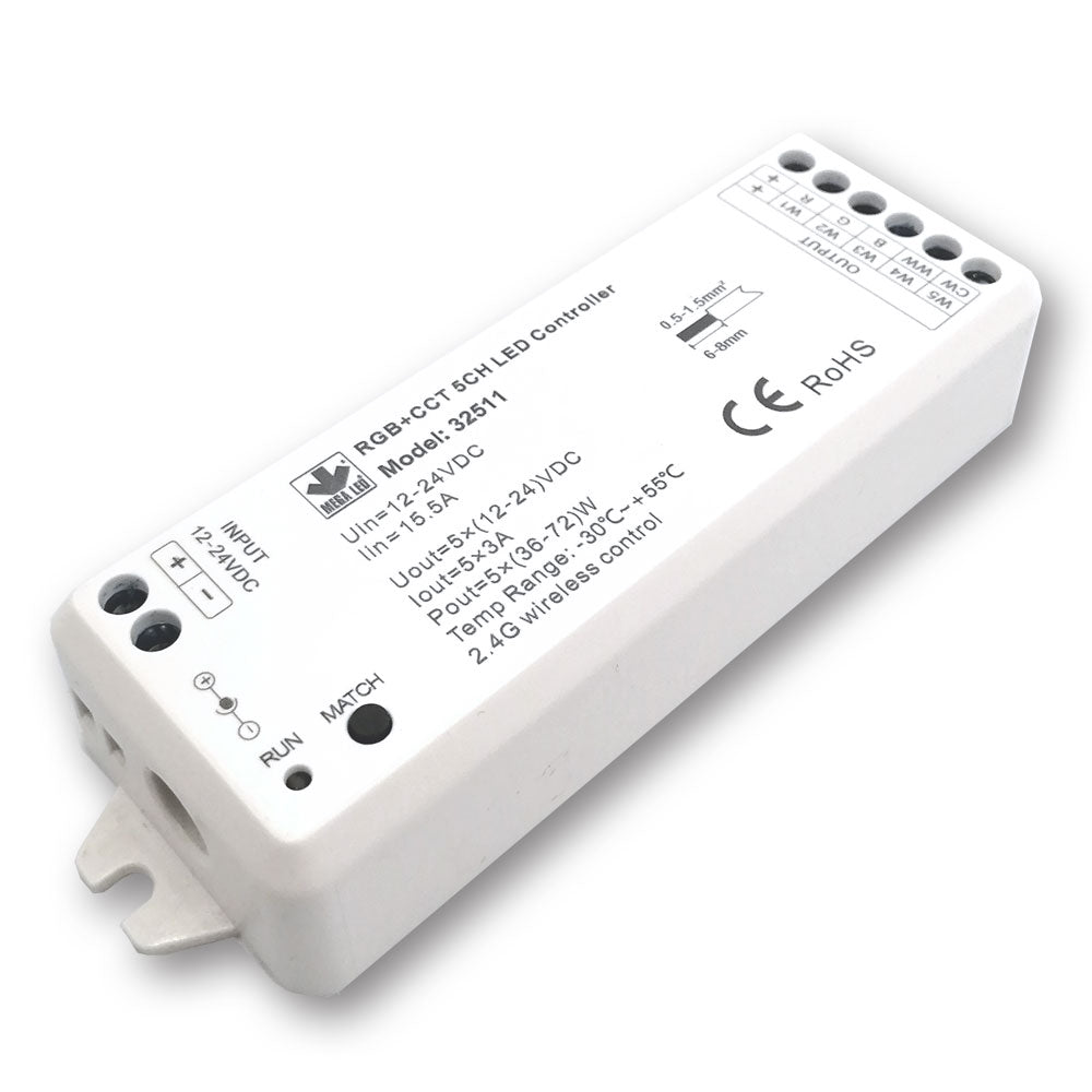Mega LED - Wireless RF Dimmer Controller - Single Color & RGB+ 2 Whites RF Controller, 5 Channels (32511)