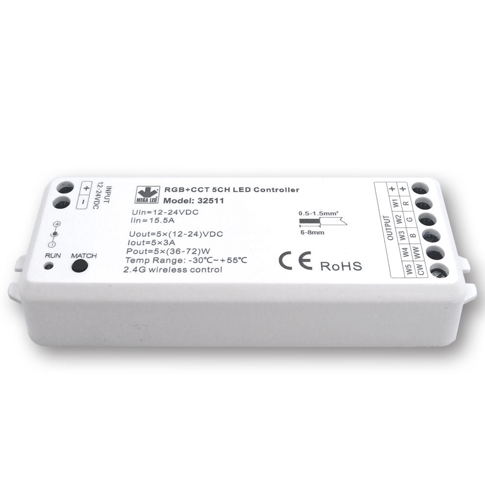 Mega LED - Wireless RF Dimmer Controller - Single Color & RGB+ 2 Whites RF Controller, 5 Channels (32511)