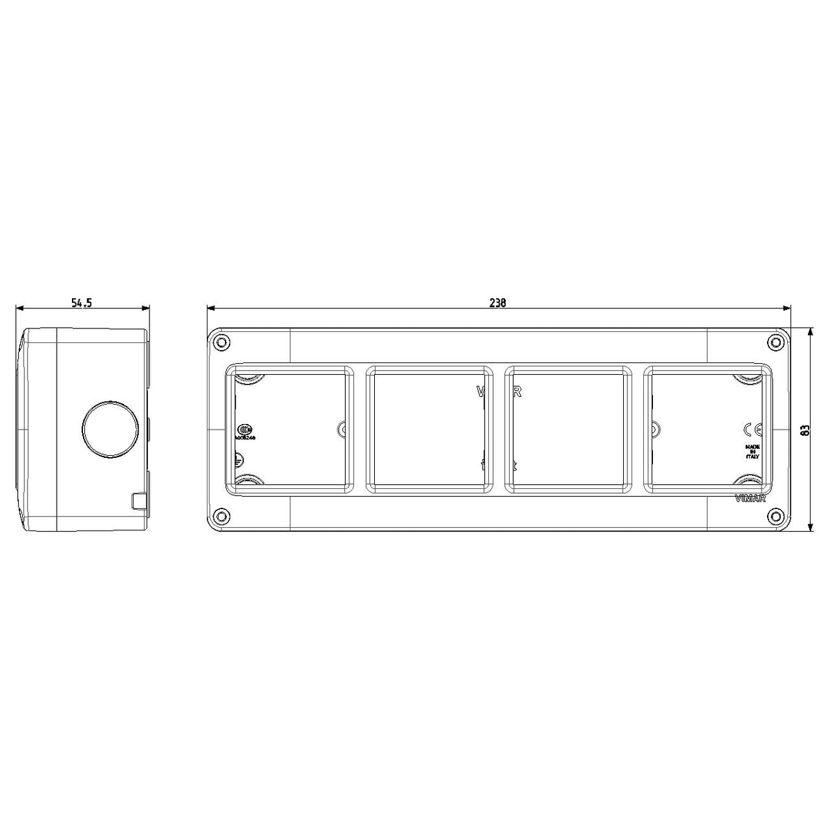 Vimar Isoset 8-Module 2x4 Surface Mount Enclosure, For Eikon and Plana Series, IP40, 23.8x8.3x5.5 cm, Plastic