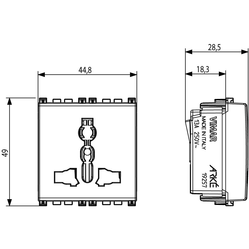 Vimar Arké SICURY Multistandard Socket Outlet, 2P+E, 13A, 250V, 2 Modules