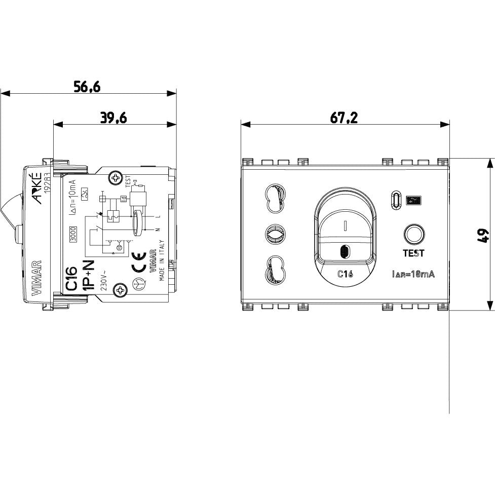 Vimar Arké SICURY Socket Outlet with C16 RCBO, 16A, 250V, Italian Standard P17/11, 3 Modules