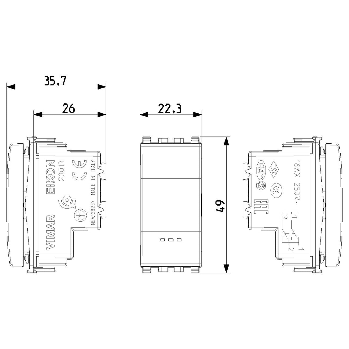 Vimar Eikon Reversing Switch, 1P 16AX 250V, IP40, Lightable, Replaceable Button