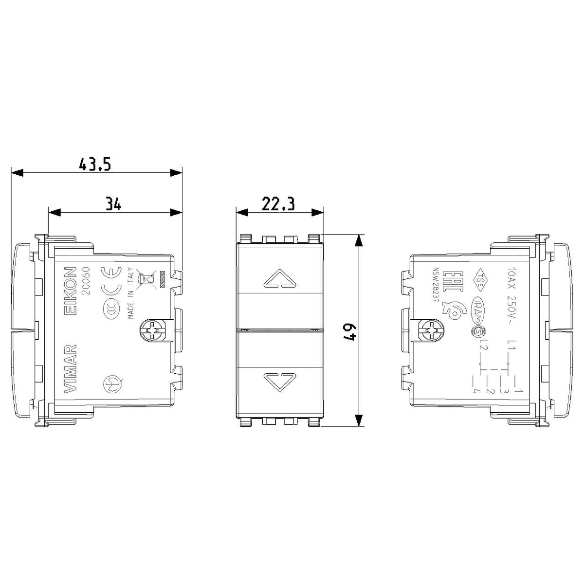 Vimar Eikon 2-Way Switch, 2P 10AX, 250V, 6 Terminals, Central OFF