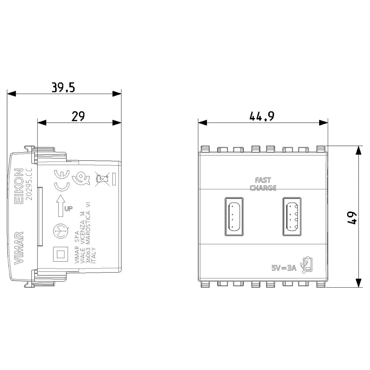 Vimar Eikon 2-Port USB Supply Unit, 5V, 2 Modules, Flush-Mounted
