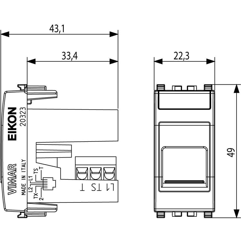 Vimar Eikon RJ12 Phone Jack, 6-Position 6-Conductor (6/6), Screw Terminals, Flush Mount, IP40, Dust Cover, 1 Module