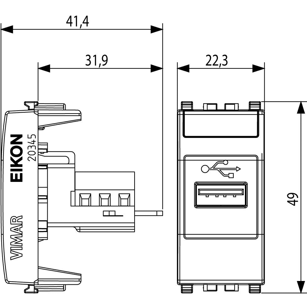 Vimar Eikon USB Socket Outlet, 1 Module, Screw Terminals, IP20
