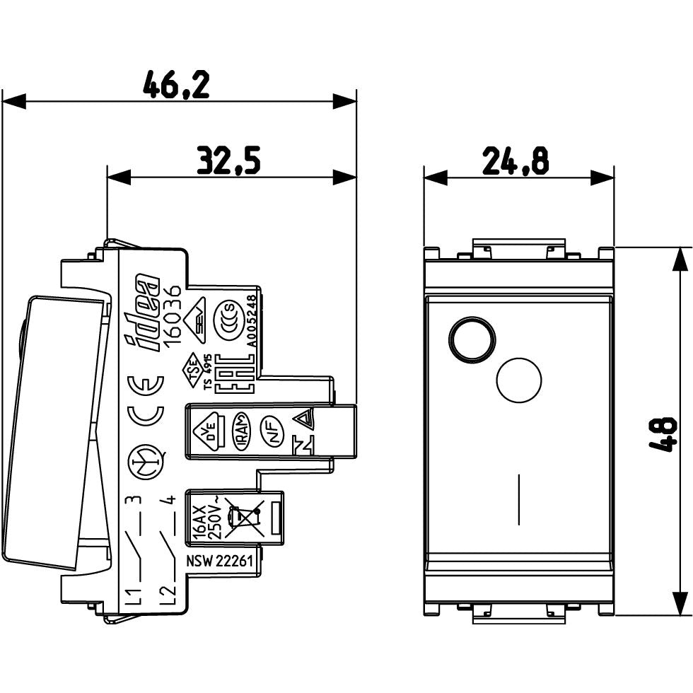 Vimar Idea 2P 1-Way Luminous Switch, For Signalling Unit, 16AX, 250V, IP40