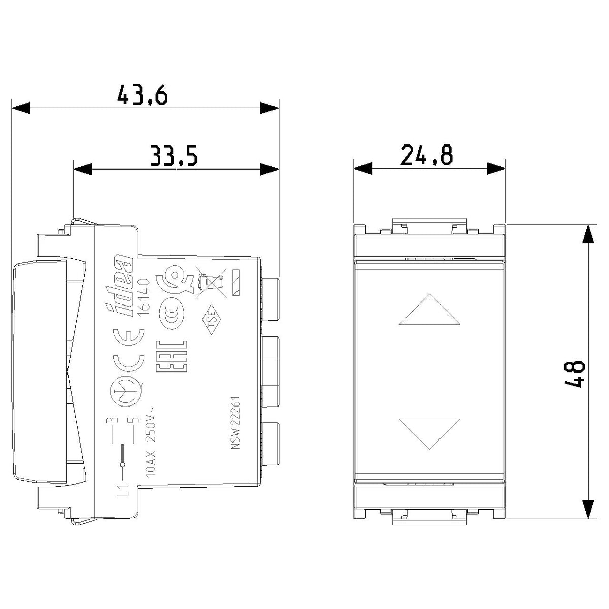 Vimar Idea 2-Way Switch, 1P, 10 AX, 250 V, 3 Terminals, Central OFF Position