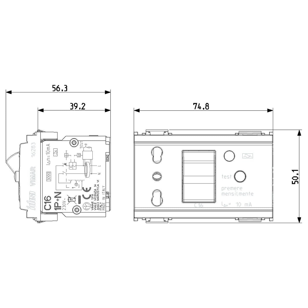 Vimar Idea SICURY Bpresa Socket Outlet, Italian Standard P17/11, 2P+E 16A 250V, C16 RCBO, 10mA, 3 Modules