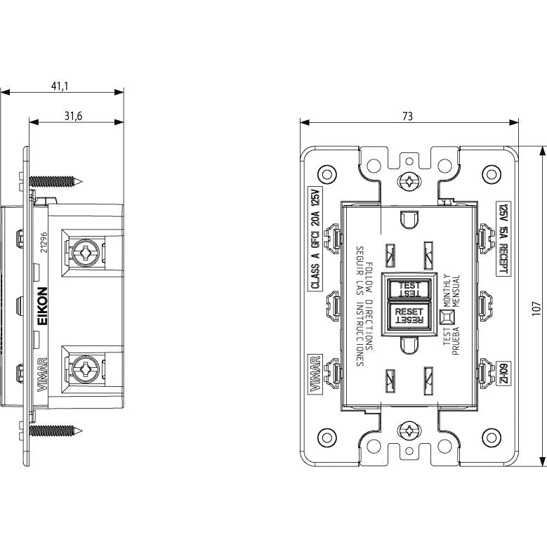 Vimar Idea USA GFCI Duplex Socket Outlet, 15A 125V, IP20