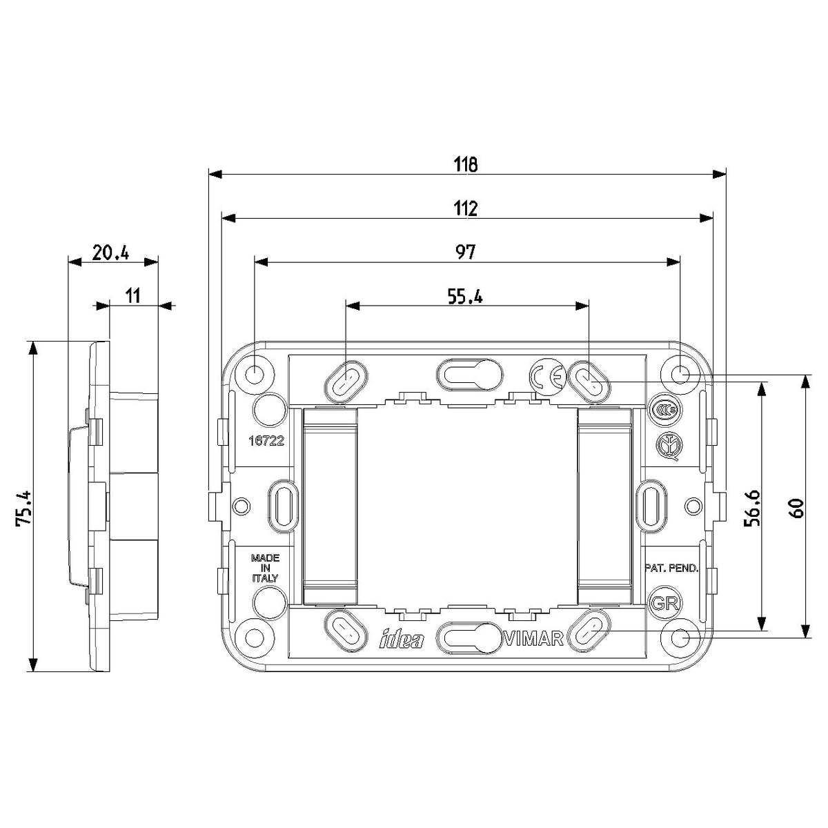 Vimar Idea 2-Module Mounting Frame, For 3-Module Boxes, 60 mm Fixing Centres, Without Screws