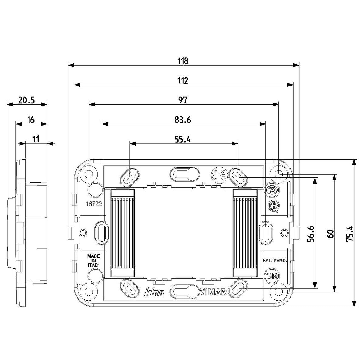 Vimar Idea 2-Module Mounting Frame, For 3-Module Boxes, 60 mm Fixing Centres, Without Screws