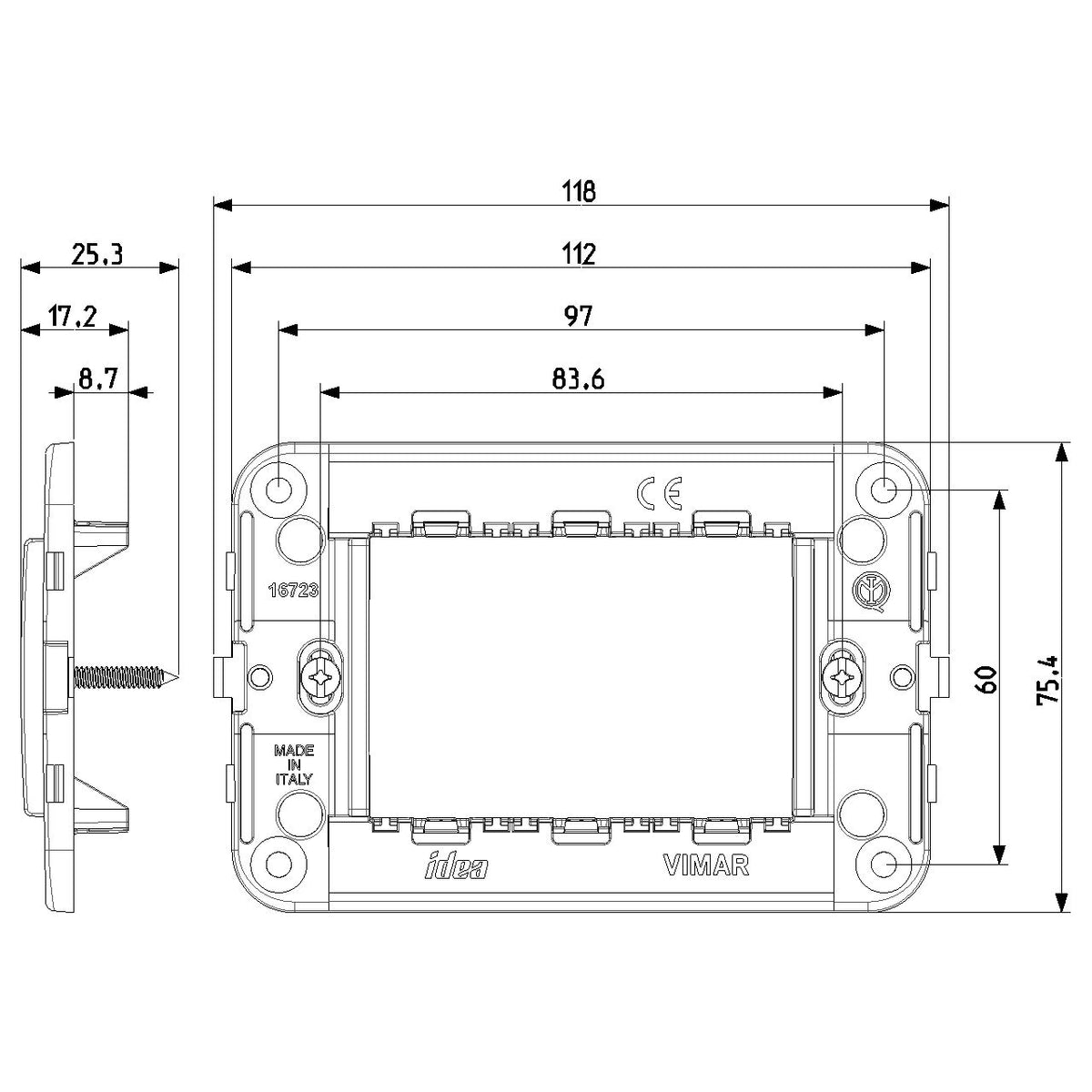 Vimar Idea 3-Module Mounting Frame, For 2-Module Arké Devices, For Idea Cover Plates, For 3-Module Mounting Boxes