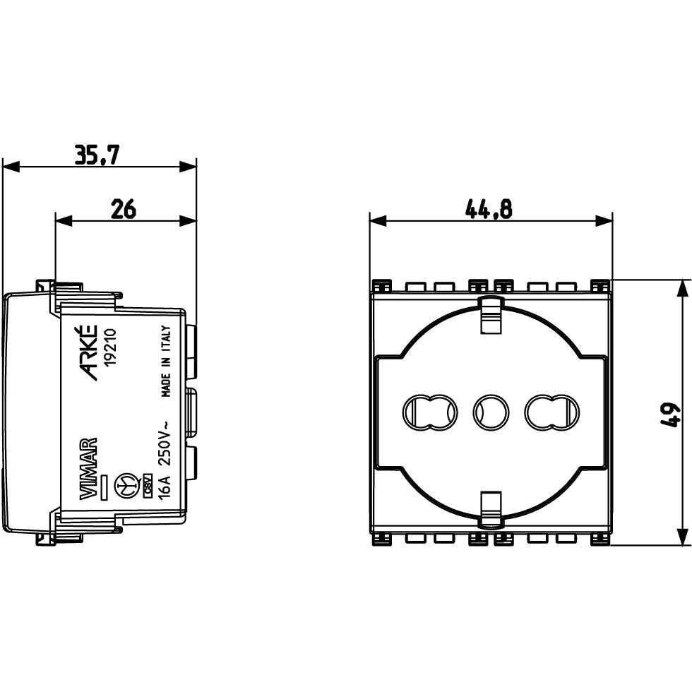 Vimar Arké SICURY Universal Socket Outlet, Italian Standard P40, 2P+E, 16A 250V