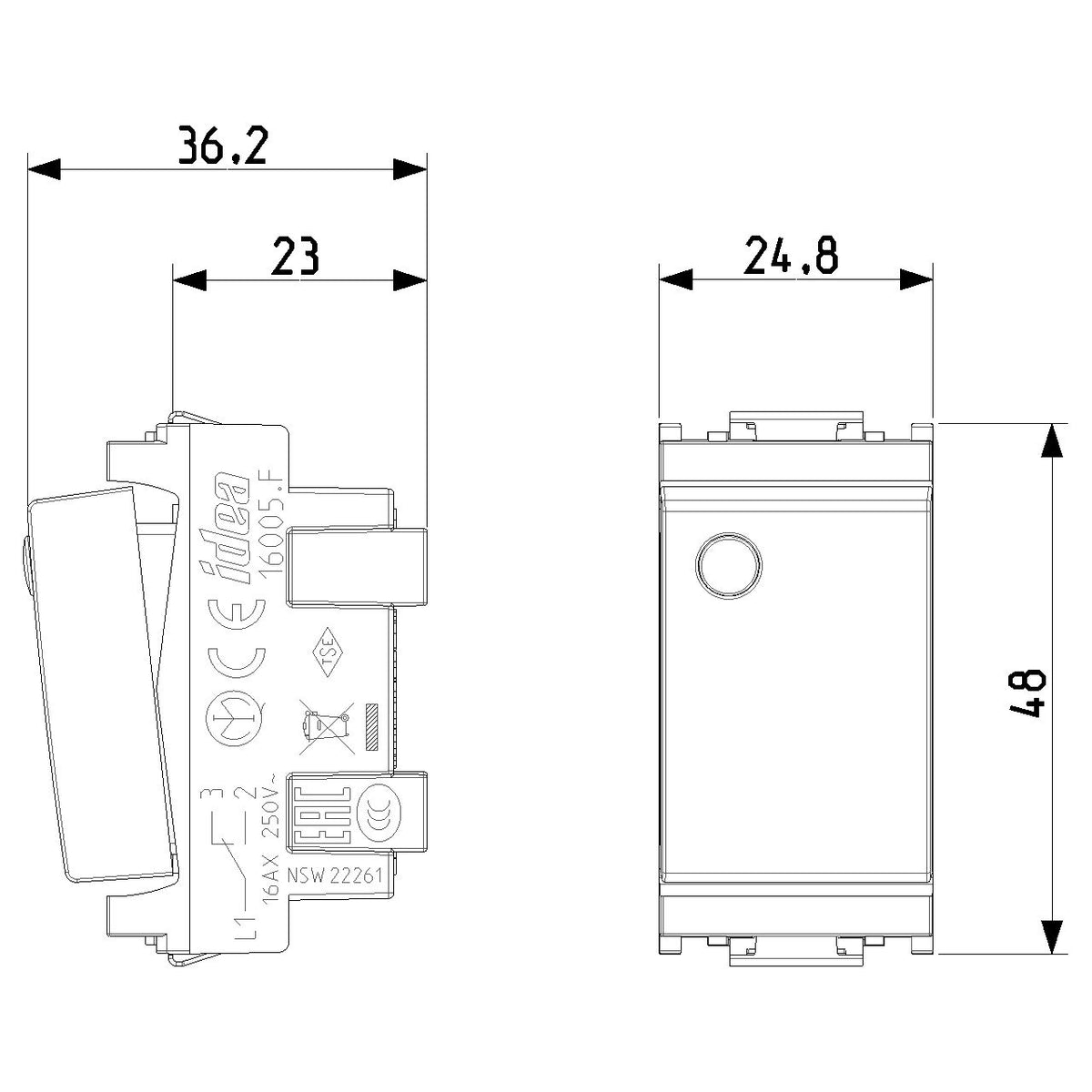 Vimar Idea 2-Way Rocker Switch, 1P 16AX, 250V, IP40