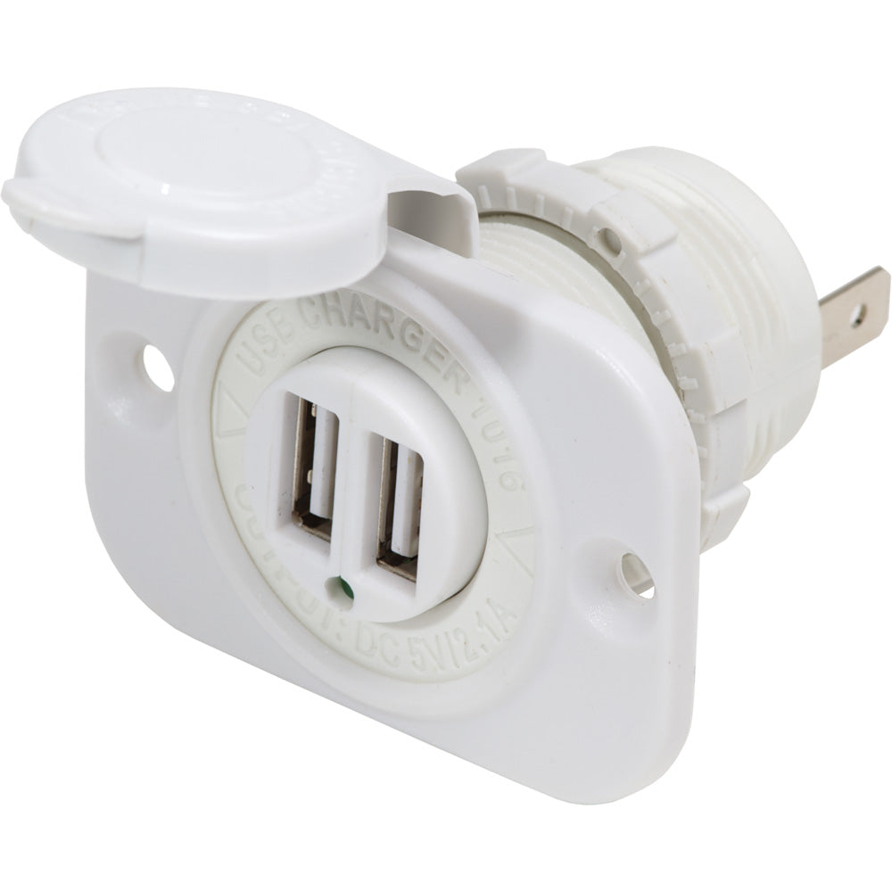 Blue Sea Systems Dual USB Charger Socket, 12/24V DC, 2.1A, IP45, 1 1/8 in Cutout, Watertight Cap