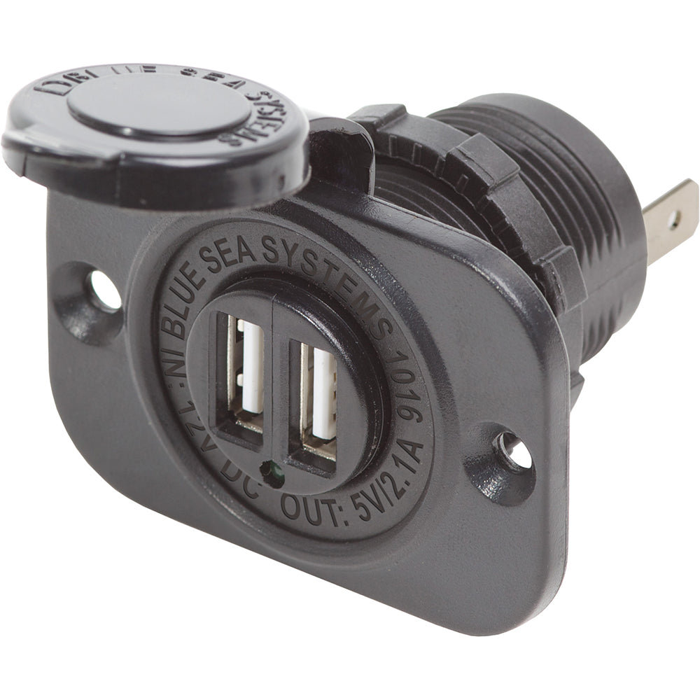 Blue Sea Systems Dual USB Charger Socket, 12/24V DC, 2.1A, IP45, 1 1/8 in Cutout, Watertight Cap