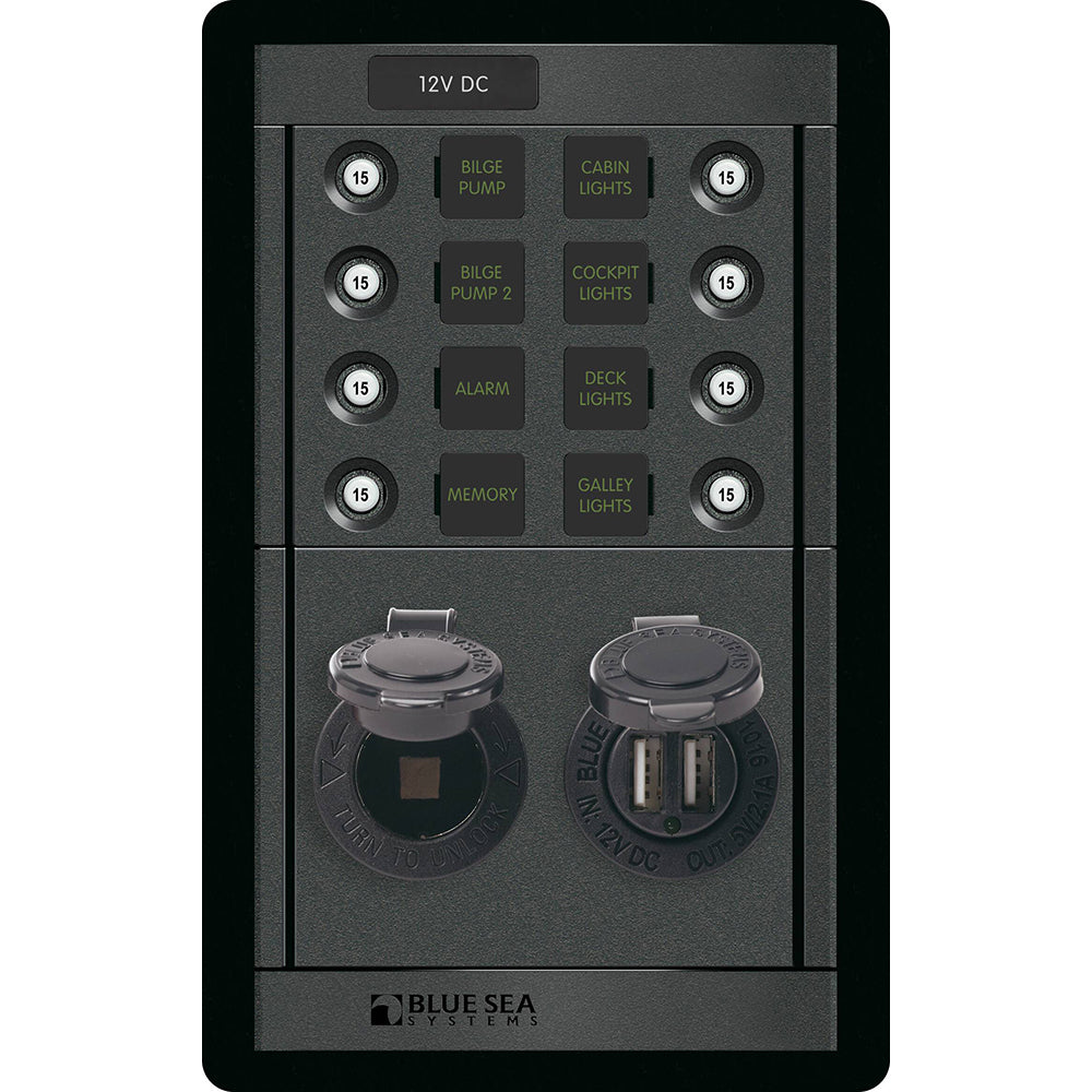Blue Sea Systems 360 Panel DC Branch Circuit Breaker Panel, 12V, Dual USB 4.8A, 12V Dash Socket