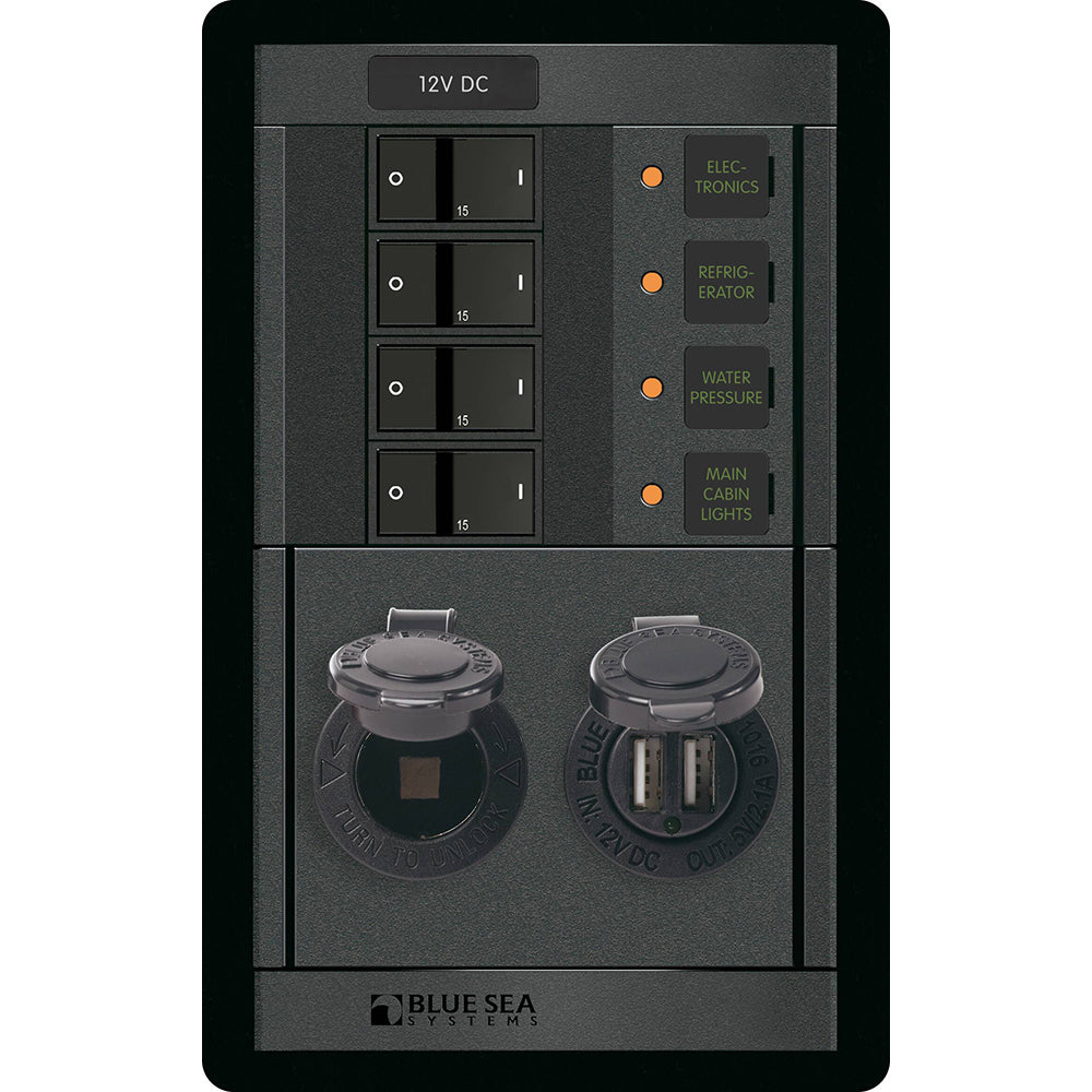 Blue Sea Systems 360 Panel DC Branch Circuit Breaker Panel, 12V, Dual USB 4.8A, 12V Dash Socket