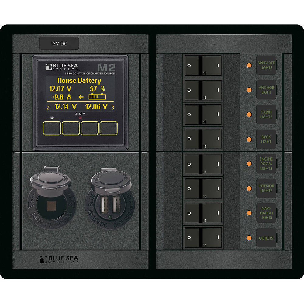Blue Sea Systems 360 Panel 8-Position DC Branch Circuit Breaker Panel, 12V, M2 Multimeter with SOC, Dual USB 4.8A, 12V Dash Socket, 100A