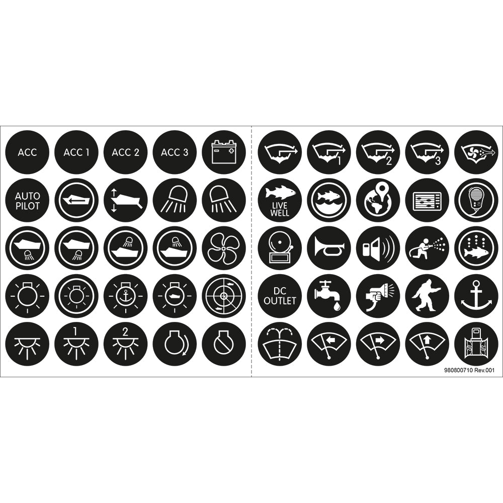 Blue Sea Systems Push Button Switch Label Kit, For 4180 & 4181, 50 ICON Labels