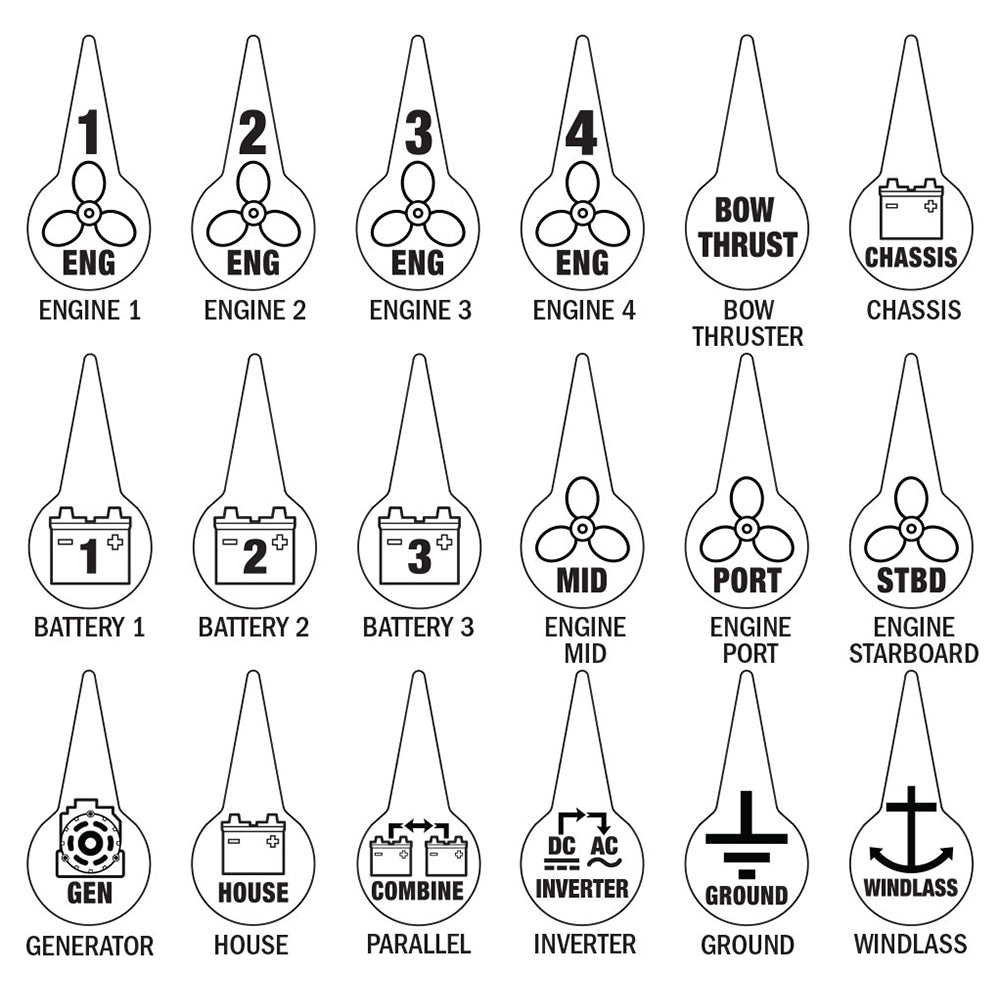 Blue Sea Systems Battery Switch Icon Label Kit, 18 Icon Labels