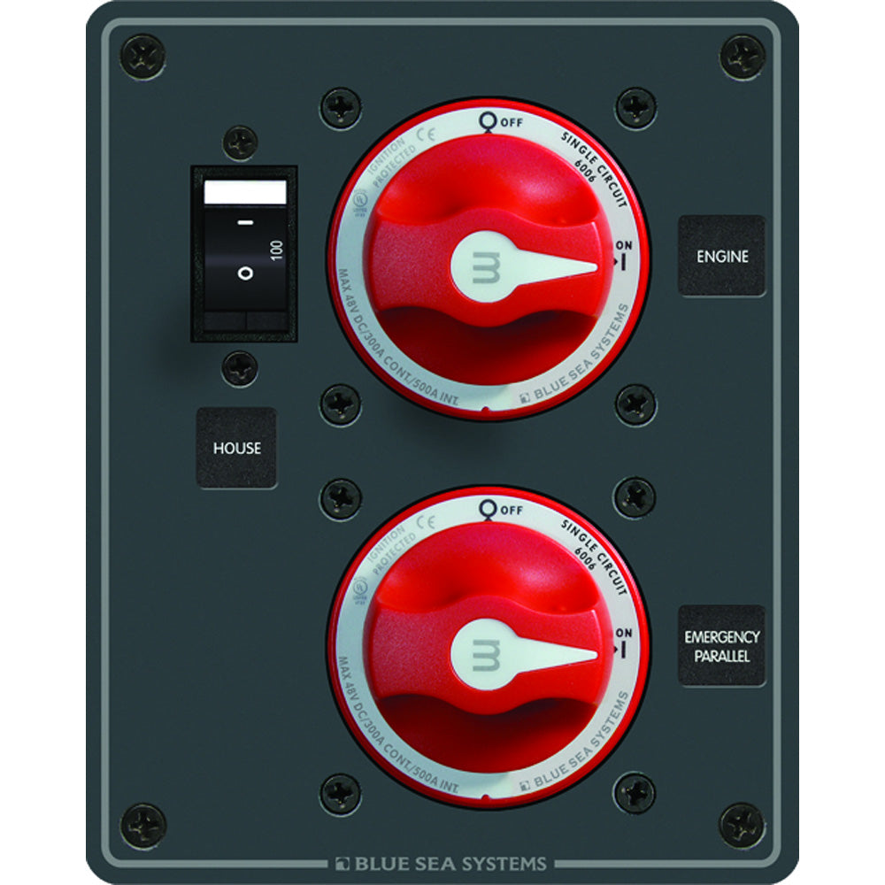 Blue Sea Systems Dual Battery Bank Management Panel, 32V DC, 300A, 2 m-Series ON/OFF Switches, 100A Circuit Breaker, Ignition Protected
