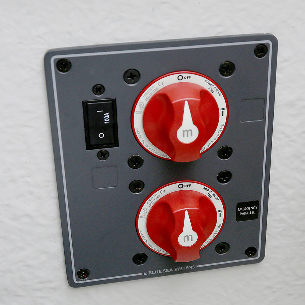 Blue Sea Systems Dual Battery Bank Management Panel, 32V DC, 300A, 2 m-Series ON/OFF Switches, 100A Circuit Breaker, Ignition Protected