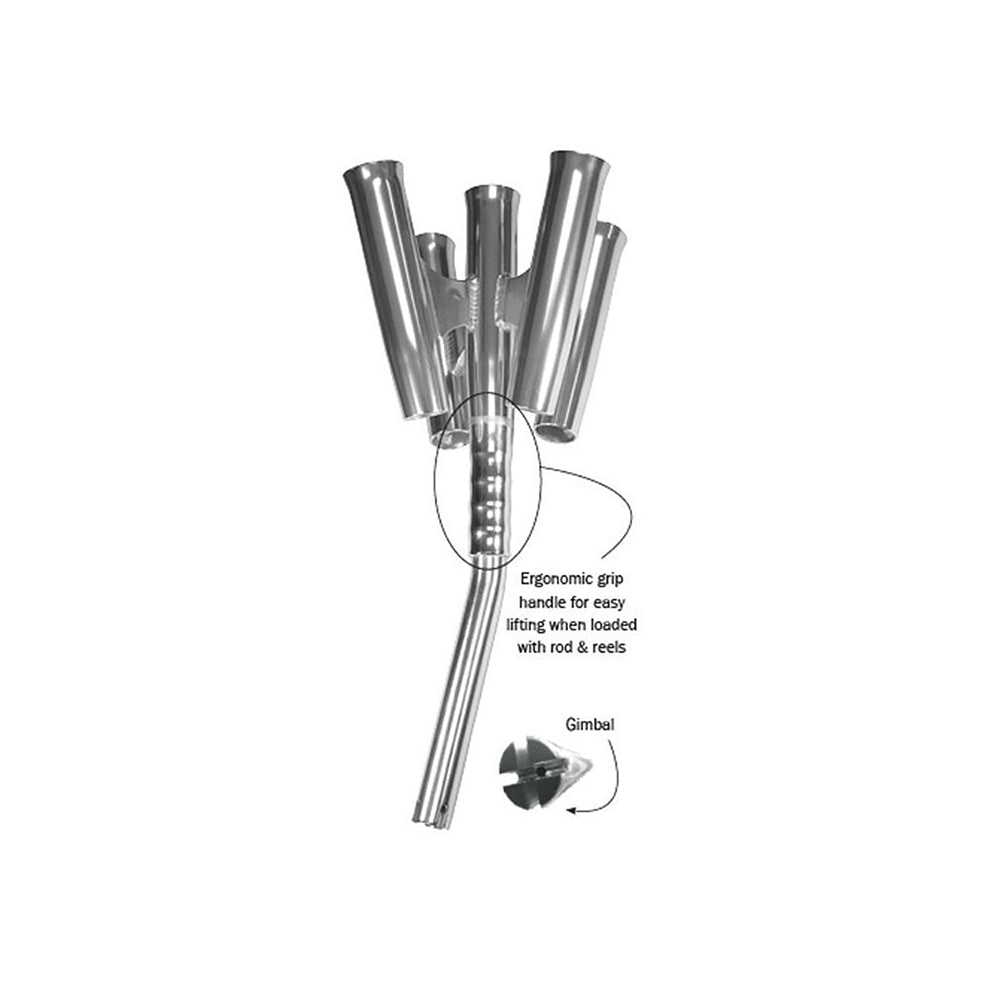 TACO Marine Olympic 5-Rod Holder Cluster, Fits 1-5/8 in Rod Holders, 9-3/4 in Flared Holders, Anodized Aluminum