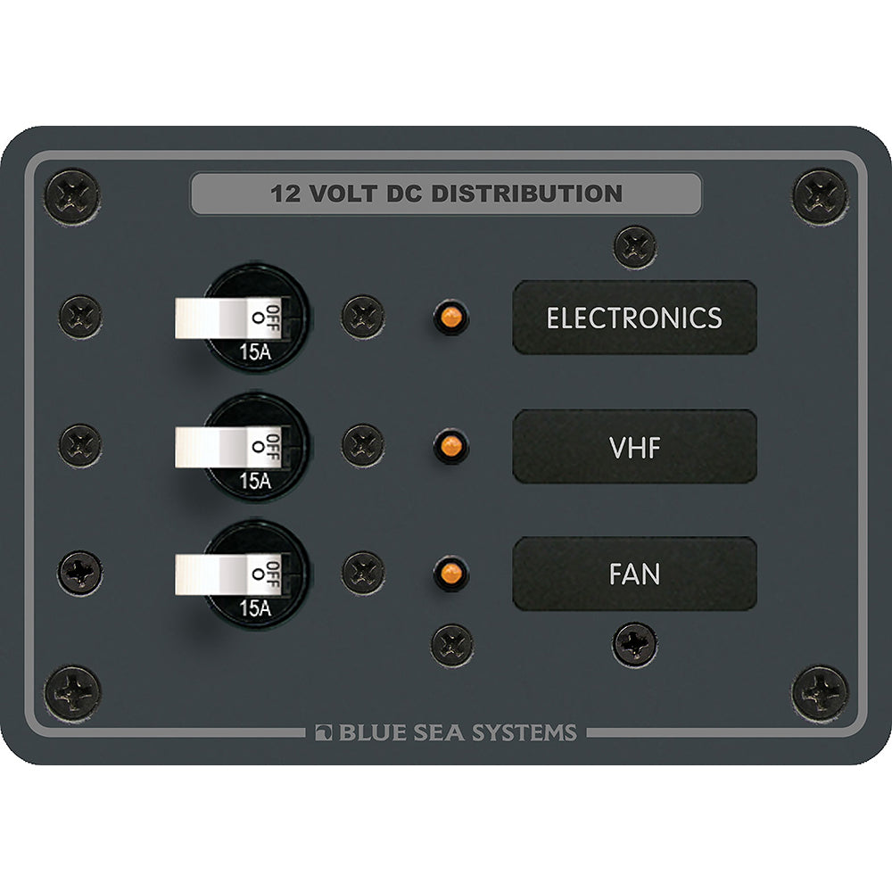 Blue Sea Systems Traditional Metal DC Circuit Breaker Panel, 12V/24V DC, 100A, White Toggle Breakers, Backlit Labels