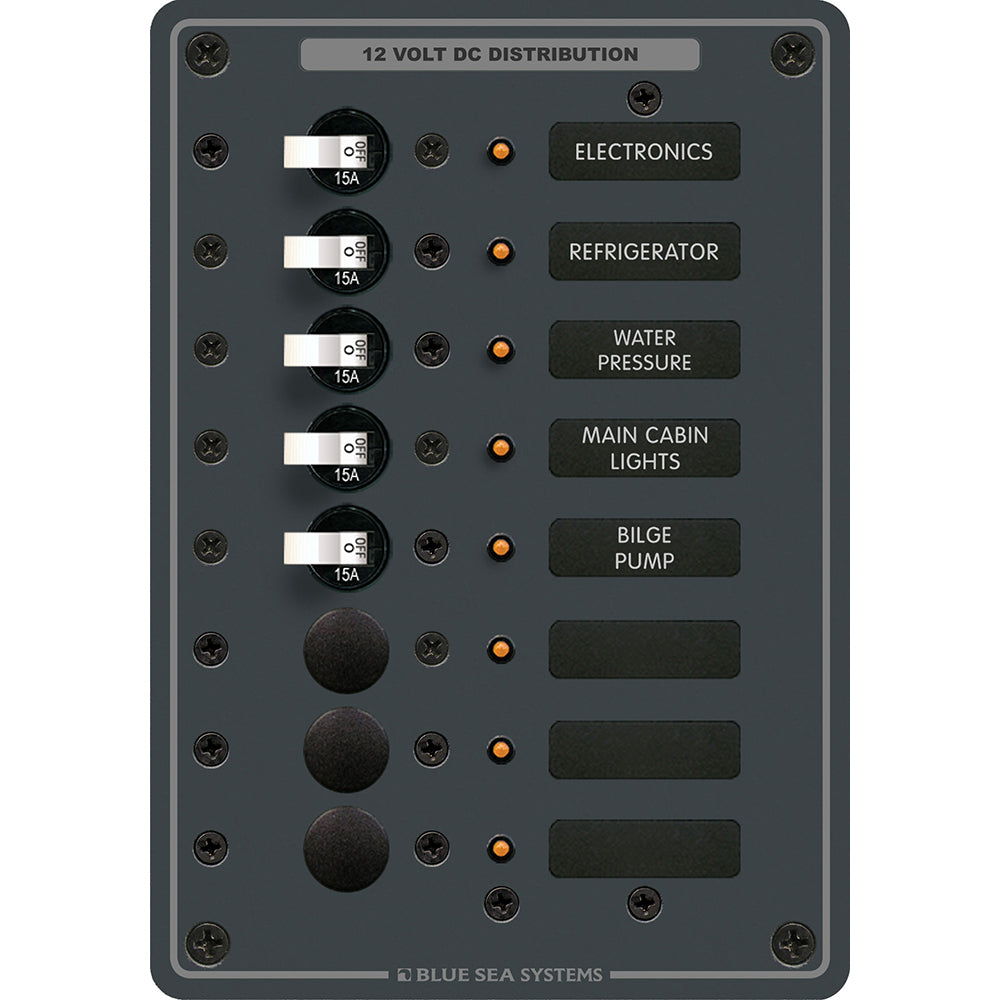 Blue Sea Systems Traditional Metal DC Circuit Breaker Panel, 12V/24V DC, 100A, White Toggle Breakers, Backlit Labels