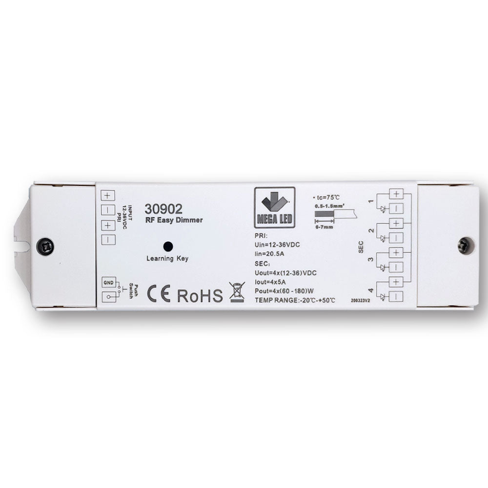 Mega LED - Electronic Dimmer - For RF Remote, For Smooth Dimming, Input 12-36V DC, 4X5A, 20A Max