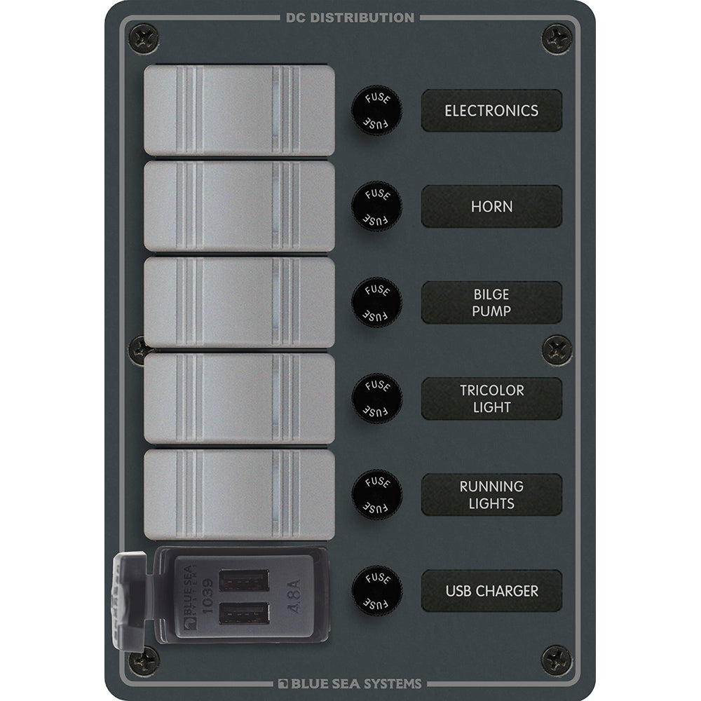 Blue Sea Systems Contura 5-Position Switch Panel with Dual USB Charger, 12/24V DC, 4.8A