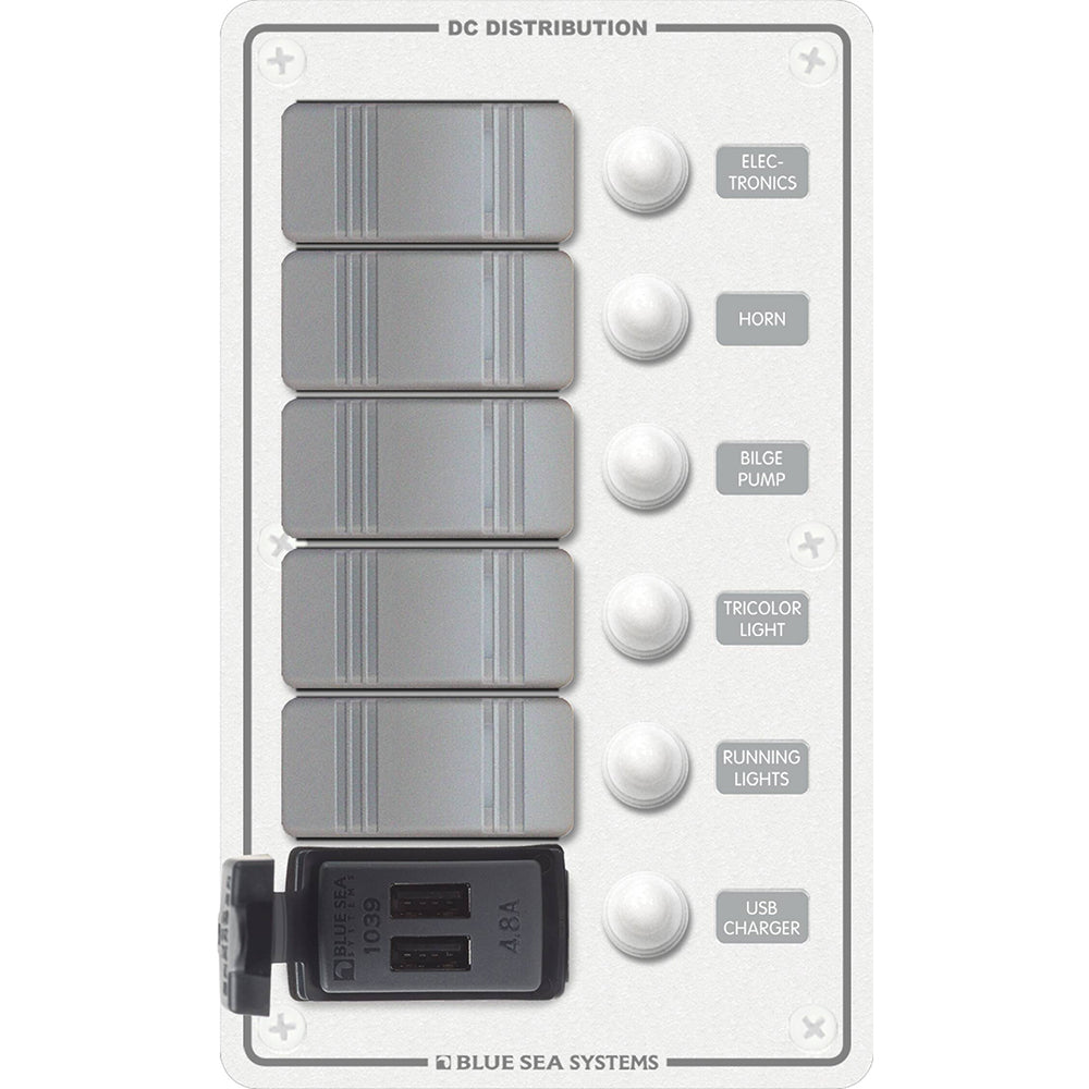 Blue Sea Systems Contura 5-Position Switch Panel with Dual USB Charger, 12/24V DC, 4.8A