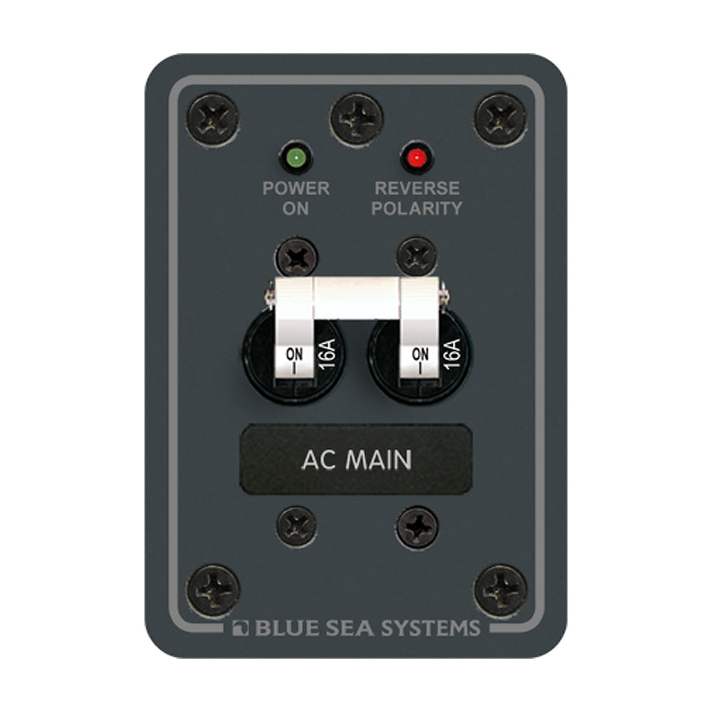 Blue Sea Systems AC Main European Circuit Breaker Panel, 230V AC, Double Pole, 2.63 x 3.75 in, Reverse Polarity LED