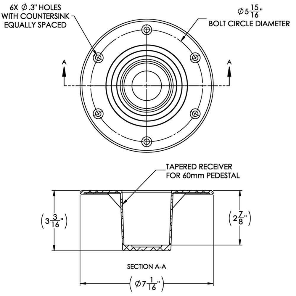 TACO Marine Zwaardvis Table Pedestal Base, For 2-3/8 in (60mm) Column, Aluminum, Brite Anodized