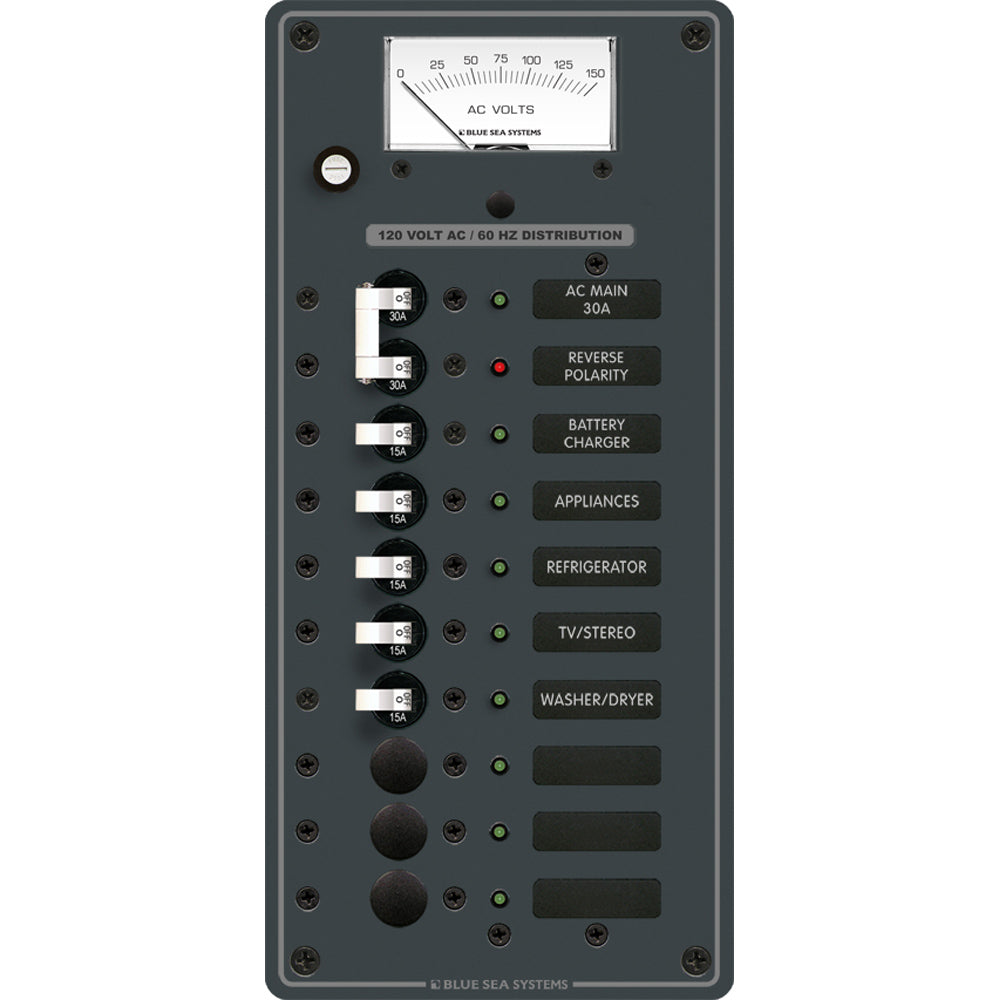 Blue Sea Systems AC Main + 8 Position Circuit Breaker Panel, 120V AC, Analog Voltmeter