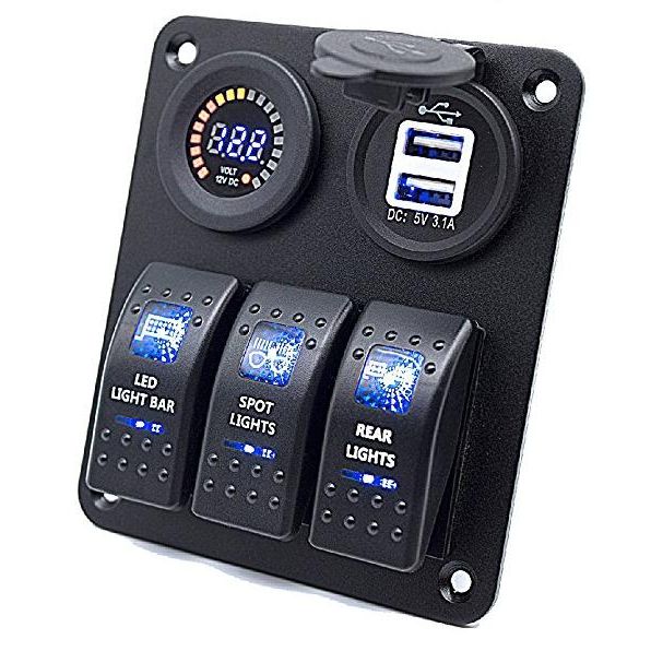 Plash - Switch Panel - 3 Switch, with Voltmeter, Dual USB Charger, Red, 12V-24V (EL-SP-006-RED)