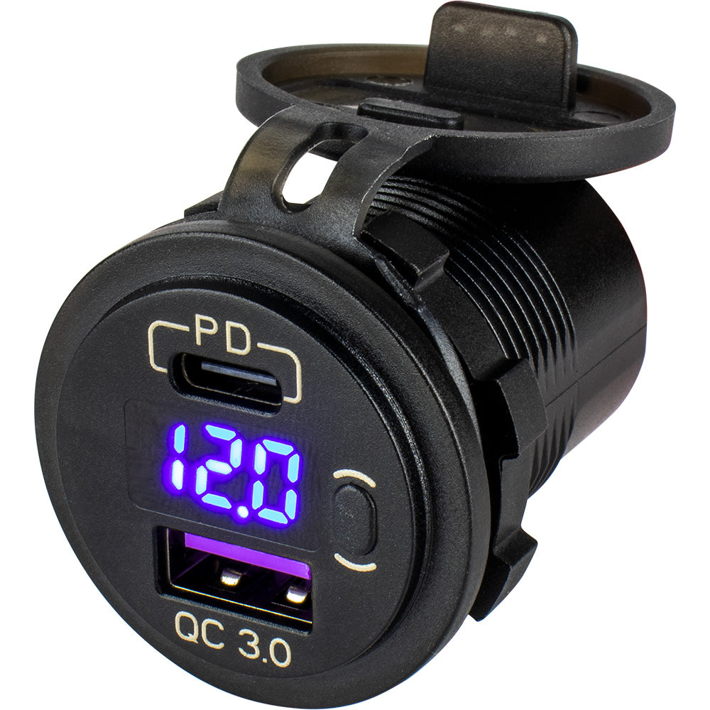 Sea-Dog - Round USB/USB-C Power Socket - Hidden Voltmeter