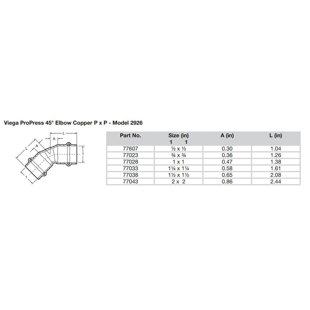 Viega - ProPress 45" Copper Elbow - Double Press Connection