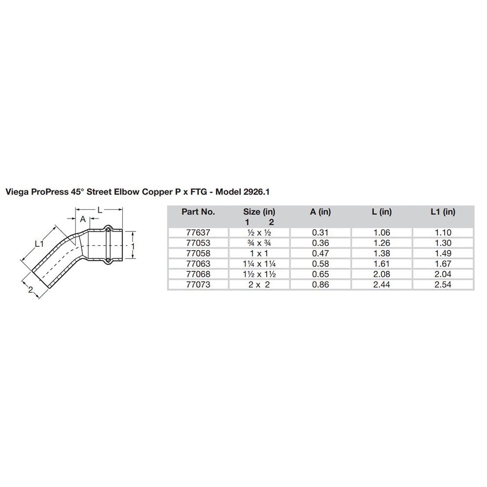 Viega - ProPress 45" Copper Elbow - Street/Press Connection