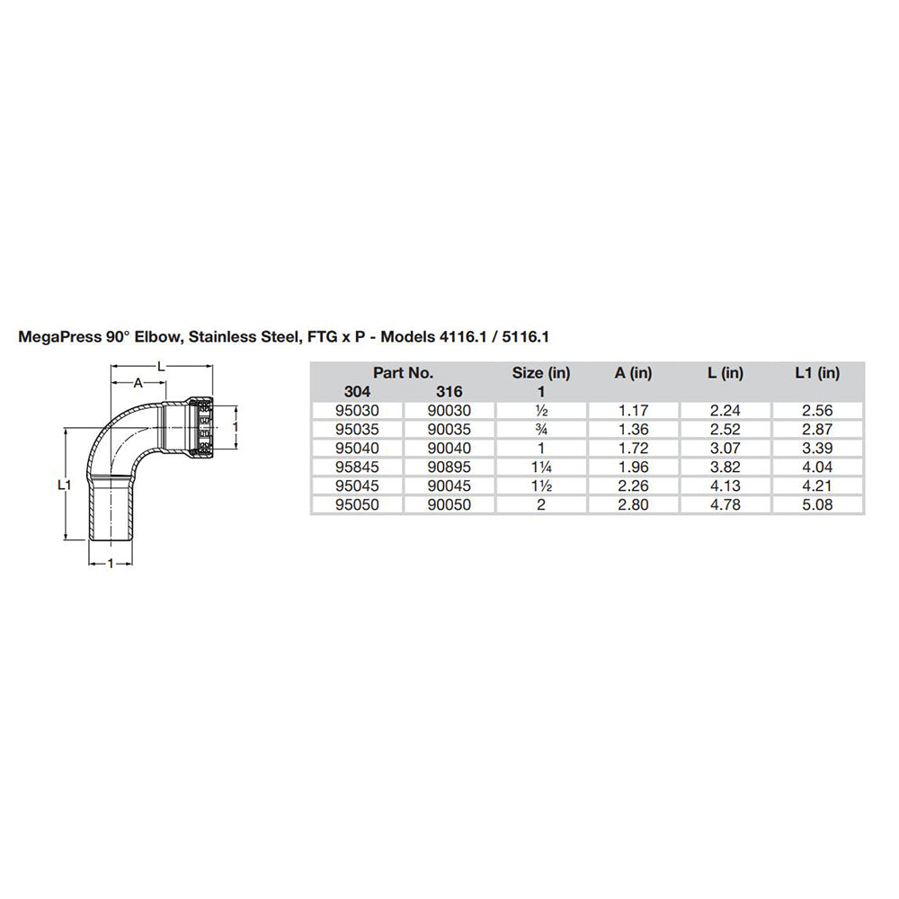 Viega - MegaPress 1/2" Stainless 304 Elbow - Street, Press Connection, Smart Connect Technology