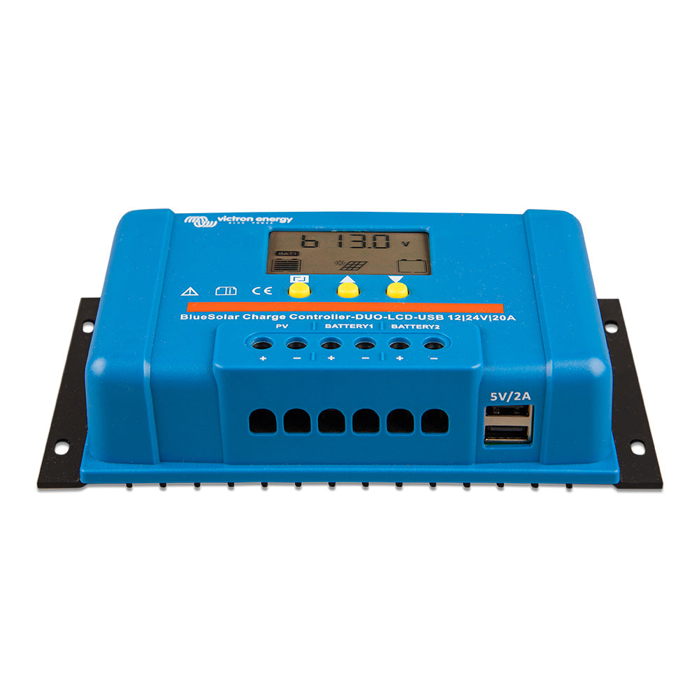 Victron Energy BlueSolar PWM DUO Solar Charge Controller, 12/24V, 20A, LCD, USB, Dual Battery