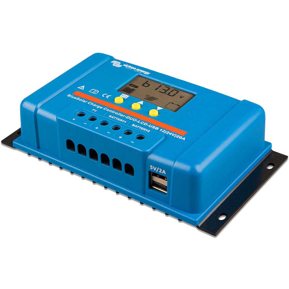 Victron Energy BlueSolar PWM DUO Solar Charge Controller, 12/24V, 20A, LCD, USB, Dual Battery
