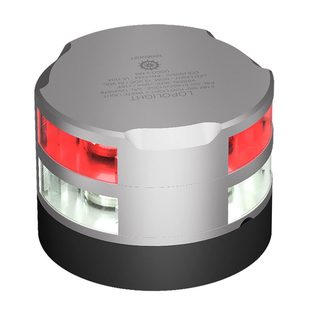 Lopolight 2nm 360 Red/White Navigation Light, For Vessels Up to 50m, 10-32VDC, IP68, Silver Anodized Housing, Horizontal Mount